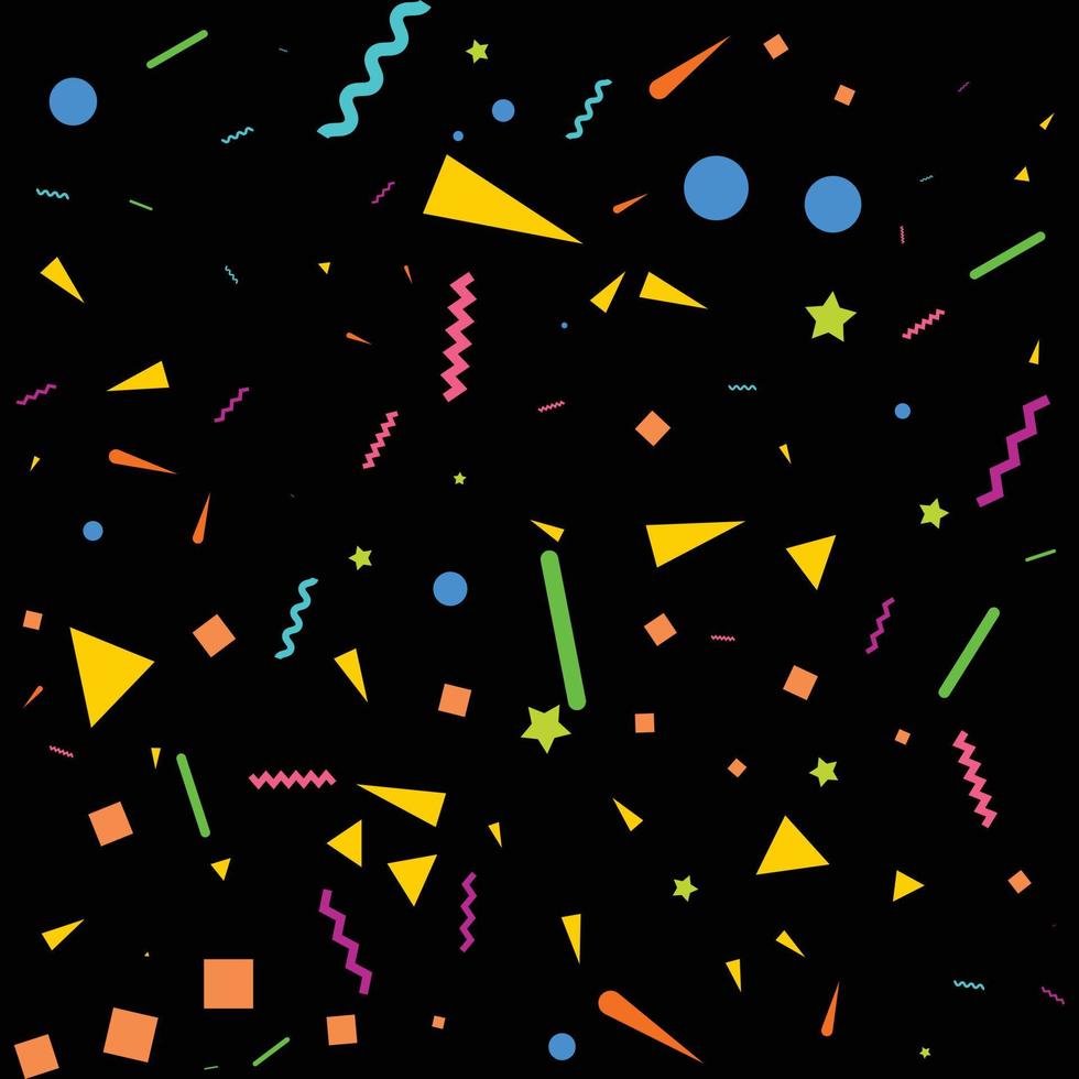 vetor abstrato preto com muitos pedaços de confetes coloridos minúsculos caindo e fita. carnaval. flâmulas de festa colorida de decoração de natal ou ano novo para aniversário. festival