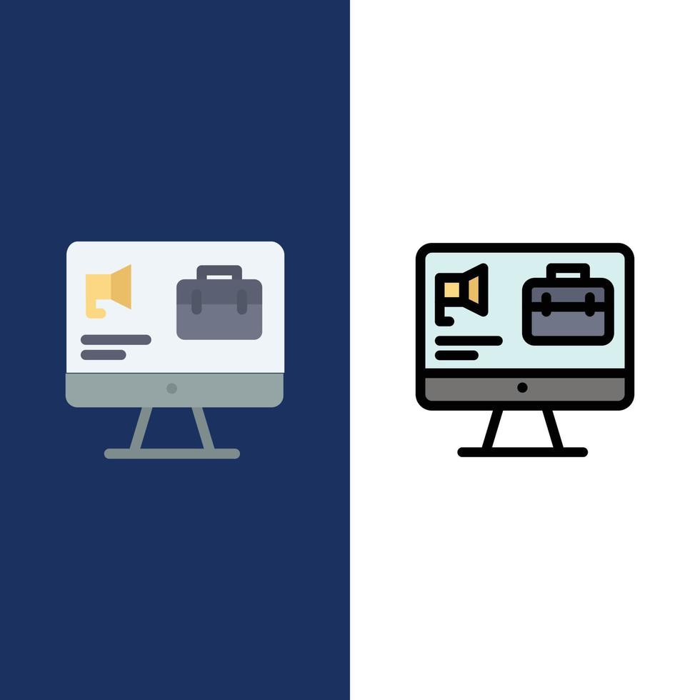 ícones de trabalho de alto-falante de bolsa de computador plano e conjunto de ícones cheios de linha vector fundo azul