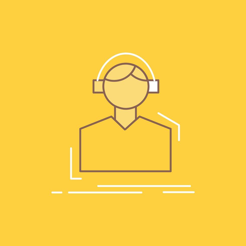 engenheiro. fones de ouvido. ouço. meloman. ícone cheio de linha plana de música. botão de logotipo bonito sobre fundo amarelo para ui e ux. site ou aplicativo móvel vetor