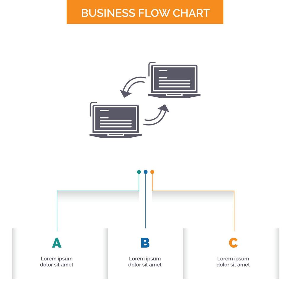 computador. conexão. link. rede. sincronize o design do fluxograma de negócios com 3 etapas. ícone de glifo para lugar de modelo de plano de fundo de apresentação para texto. vetor