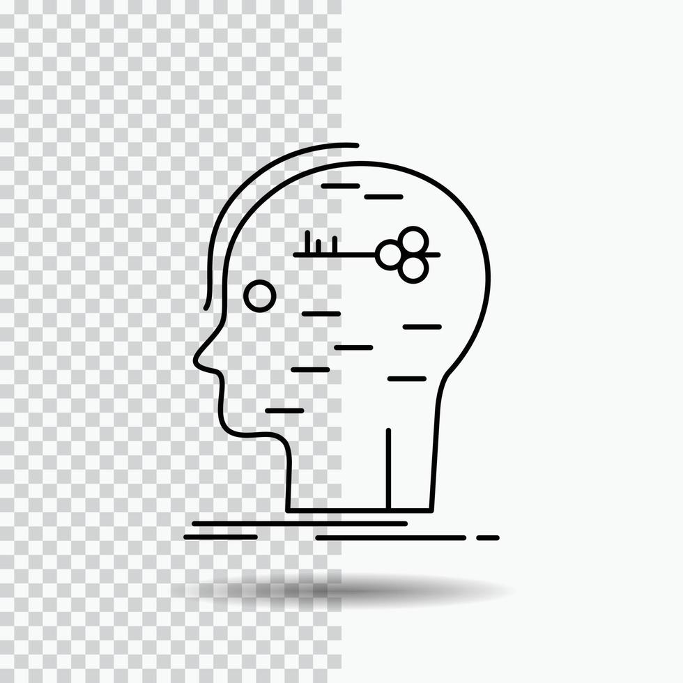 cérebro. hackear. hacking. chave. ícone de linha de mente em fundo transparente. ilustração em vetor ícone preto