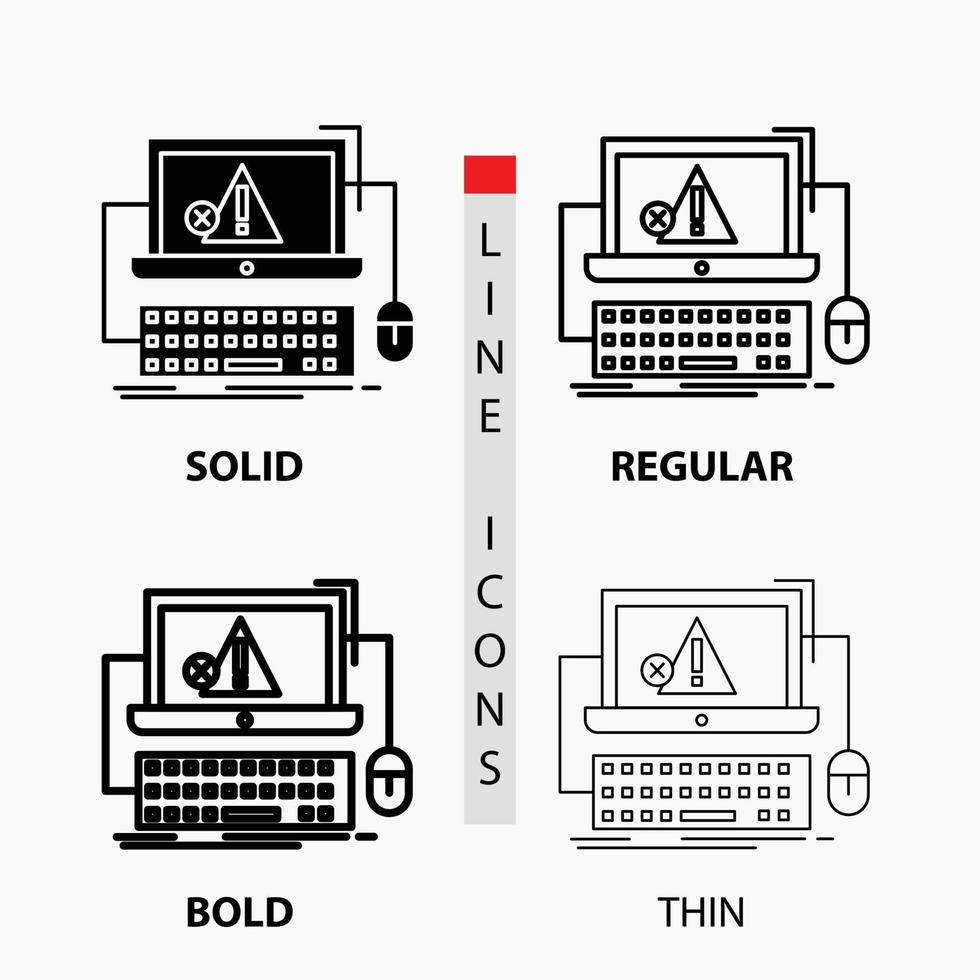 computador. batida. erro. falha. ícone do sistema em fino. regular. linha em negrito e estilo de glifo. ilustração vetorial vetor