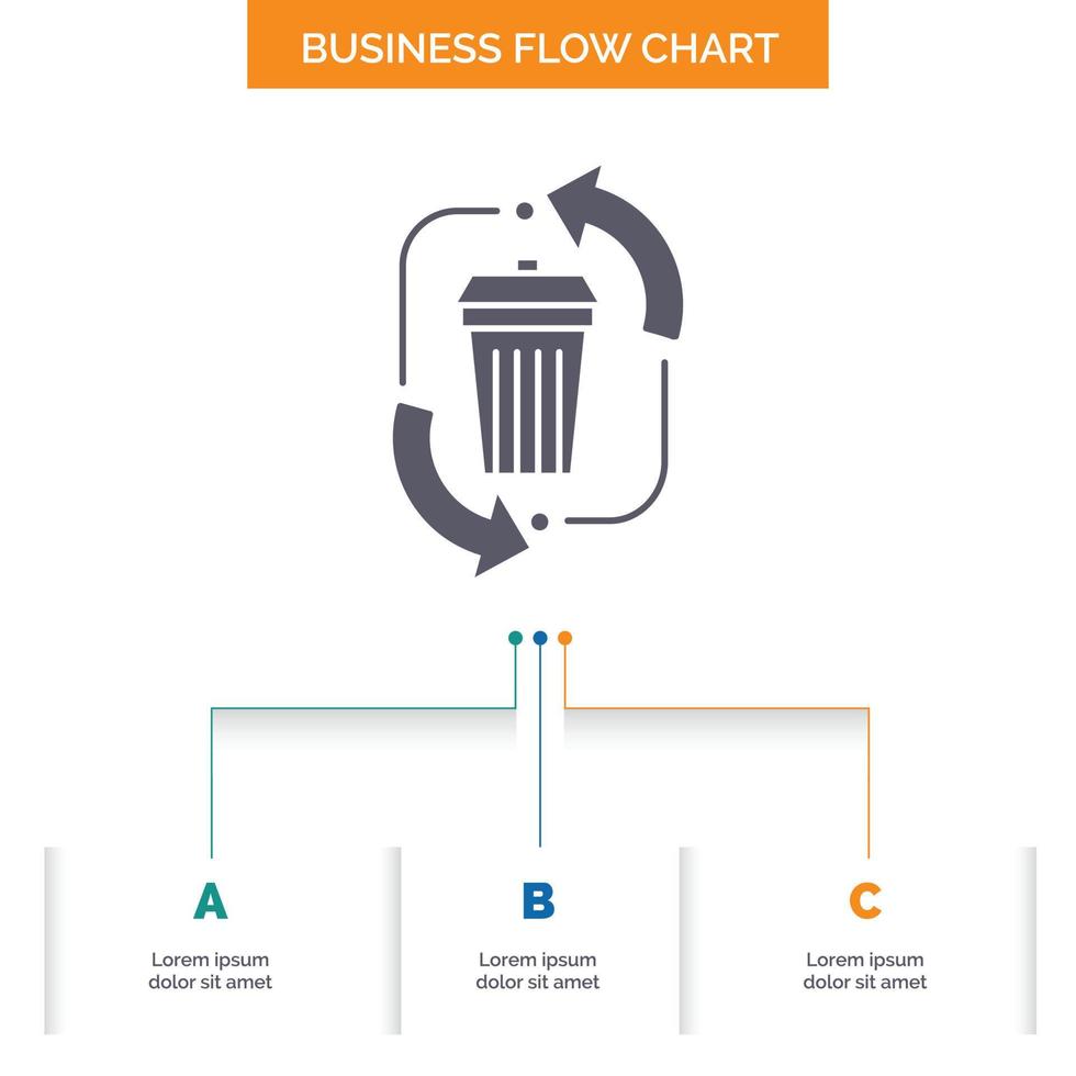 desperdício. disposição. lixo. gestão. recicle o design do fluxograma de negócios com 3 etapas. ícone de glifo para lugar de modelo de plano de fundo de apresentação para texto. vetor