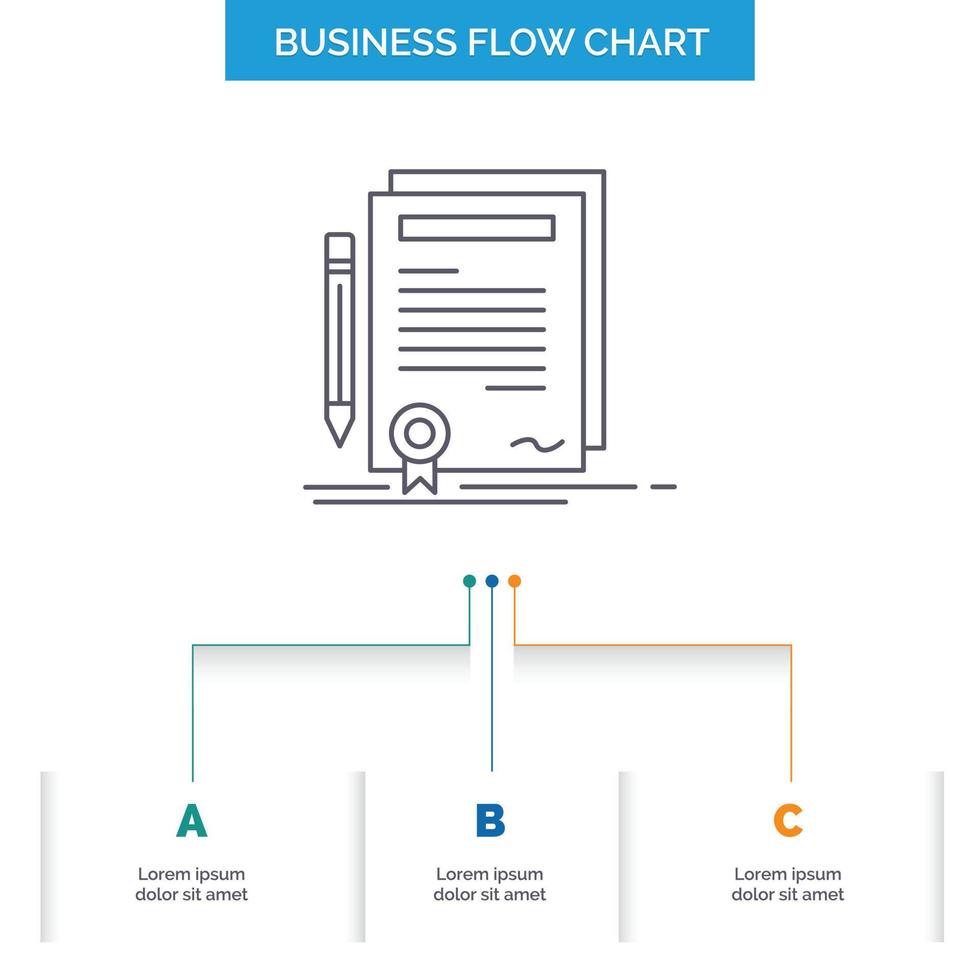 o negócio. certificado. contrato. grau. documente o design do fluxograma de negócios com 3 etapas. ícone de linha para modelo de plano de fundo de apresentação lugar para texto vetor