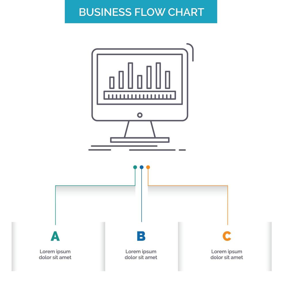 analítica. em processamento. painel de controle. dados. design de fluxograma de negócios de estatísticas com 3 etapas. ícone de linha para modelo de plano de fundo de apresentação lugar para texto vetor
