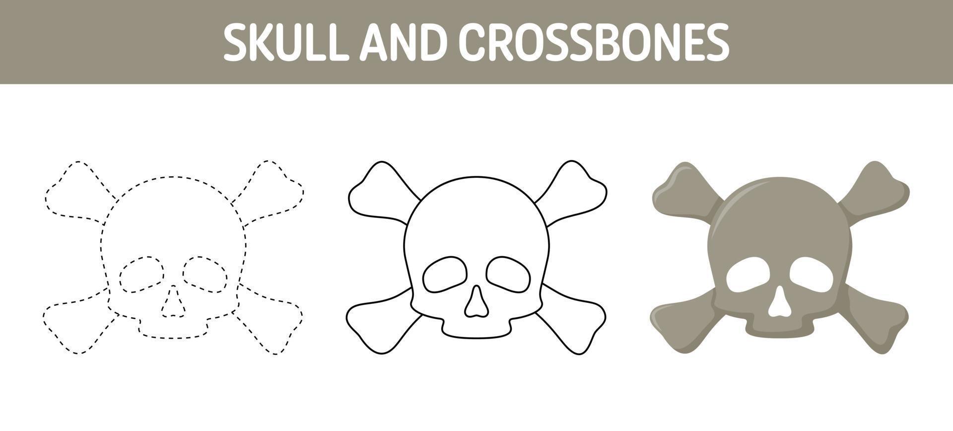 planilha de rastreamento e coloração de caveira e ossos cruzados para crianças vetor