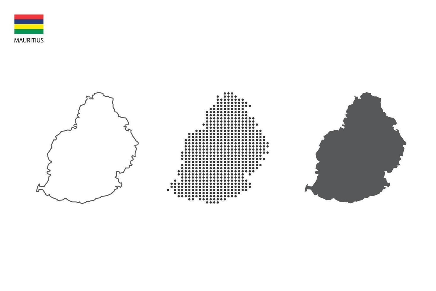 3 versões do vetor da cidade do mapa das Maurícias pelo estilo de simplicidade de contorno preto fino, estilo de ponto preto e estilo de sombra escura. tudo no fundo branco.