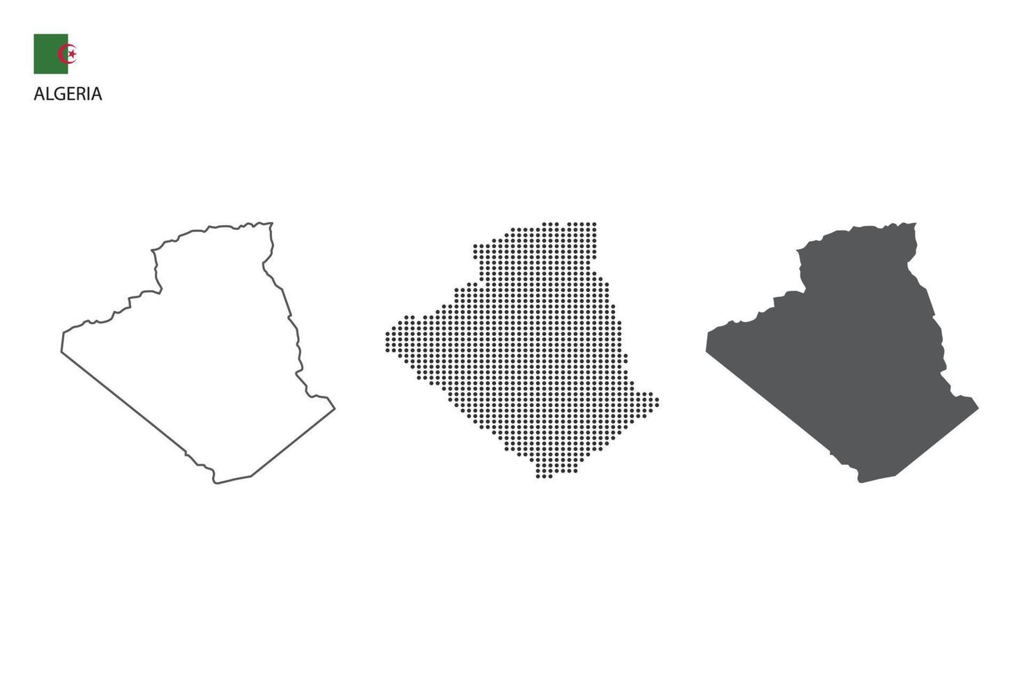 3 versões do vetor da cidade do mapa da Argélia pelo estilo de simplicidade de contorno preto fino, estilo de ponto preto e estilo de sombra escura. tudo no fundo branco.
