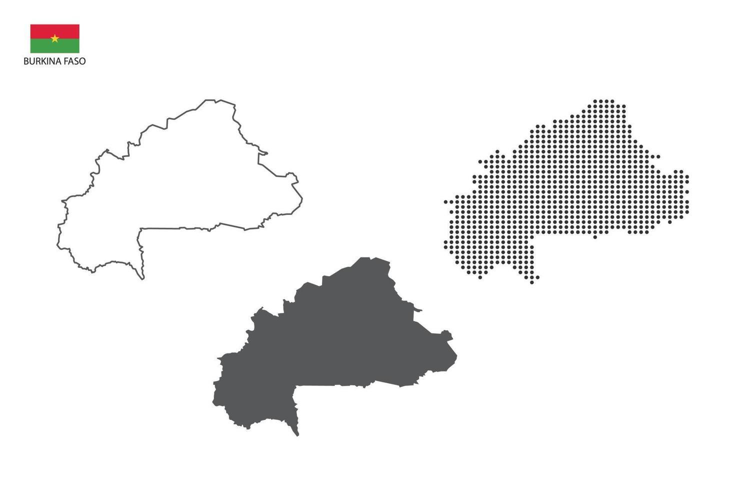 3 versões do vetor da cidade do mapa de Burkina Faso pelo estilo de simplicidade de contorno preto fino, estilo de ponto preto e estilo de sombra escura. tudo no fundo branco.