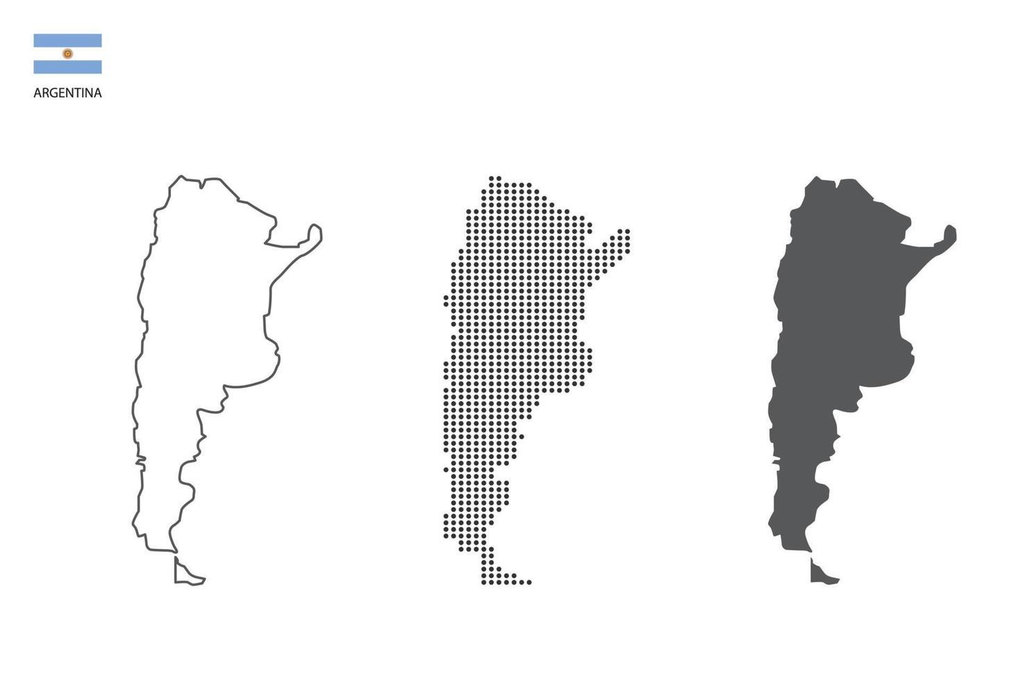 3 versões do vetor da cidade do mapa da argentina por estilo de simplicidade de contorno preto fino, estilo de ponto preto e estilo de sombra escura. tudo no fundo branco.