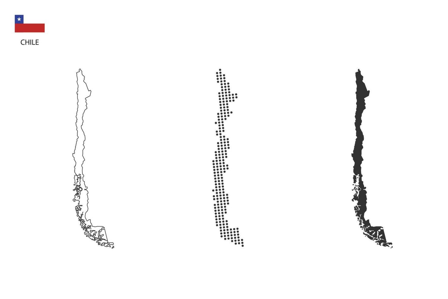 3 versões do vetor da cidade do mapa chile por estilo de simplicidade de contorno preto fino, estilo de ponto preto e estilo de sombra escura. tudo no fundo branco.