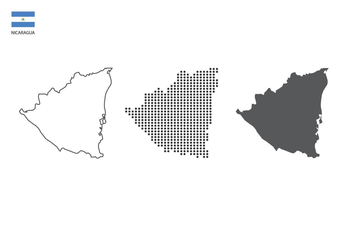 3 versões do vetor da cidade do mapa da nicarágua pelo estilo de simplicidade de contorno preto fino, estilo de ponto preto e estilo de sombra escura. tudo no fundo branco.