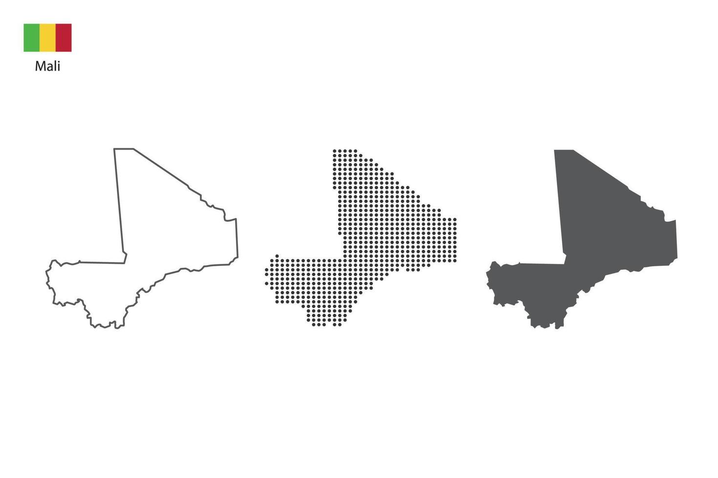 3 versões do vetor da cidade do mapa do mali por estilo de simplicidade de contorno preto fino, estilo de ponto preto e estilo de sombra escura. tudo no fundo branco.