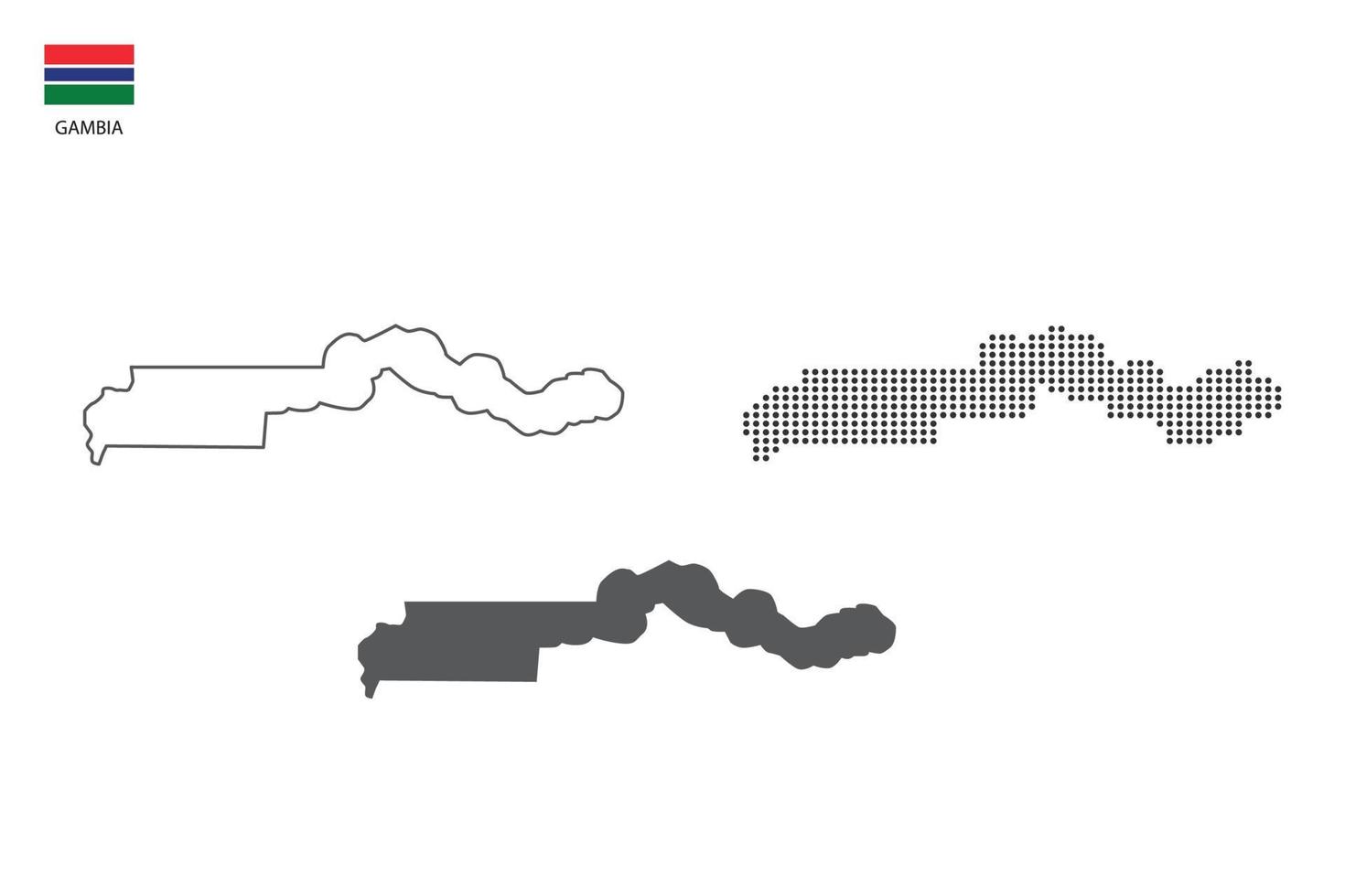 3 versões do vetor da cidade do mapa da gâmbia pelo estilo de simplicidade de contorno preto fino, estilo de ponto preto e estilo de sombra escura. tudo no fundo branco.