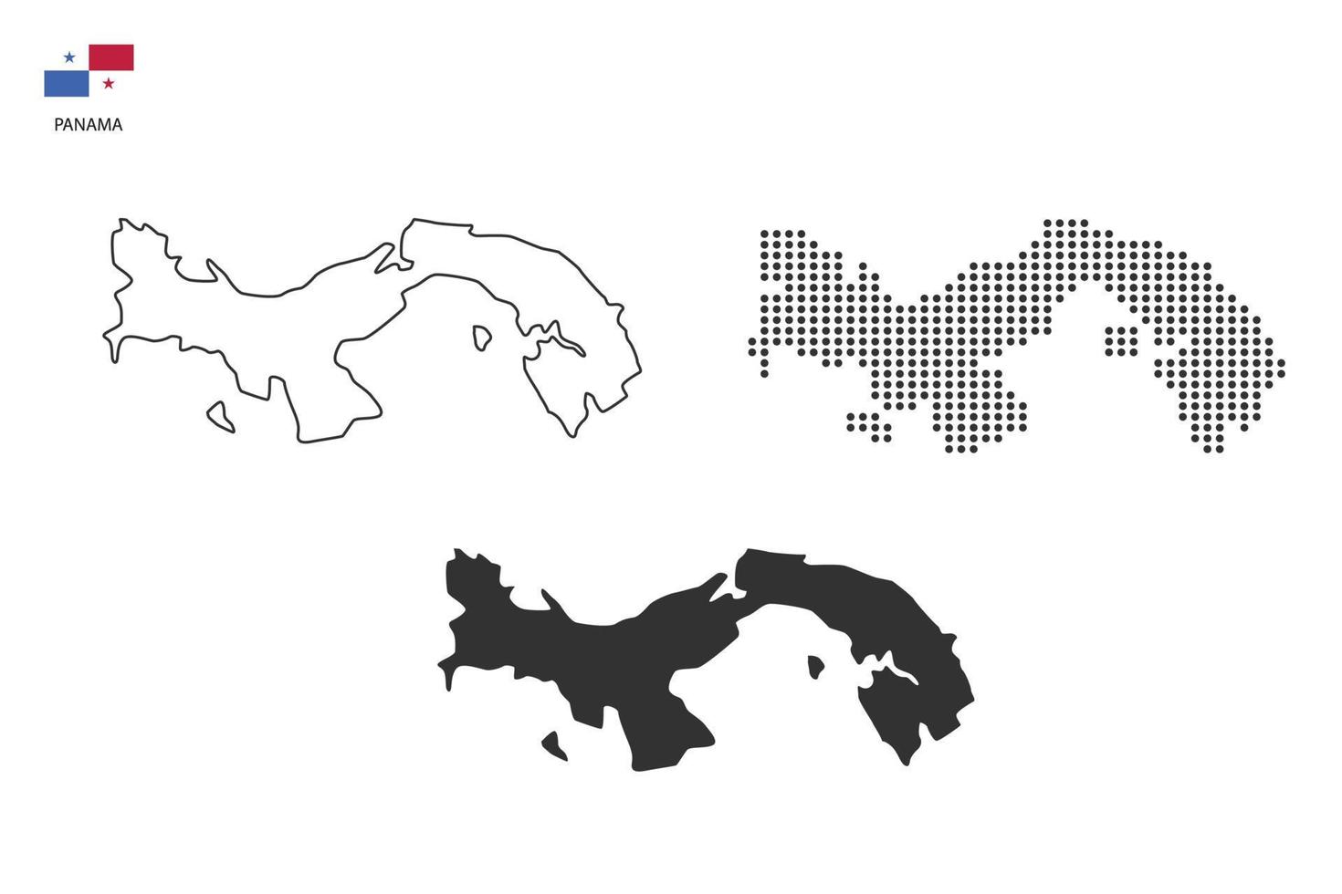3 versões do vetor da cidade do mapa do Panamá por estilo de simplicidade de contorno preto fino, estilo de ponto preto e estilo de sombra escura. tudo no fundo branco.