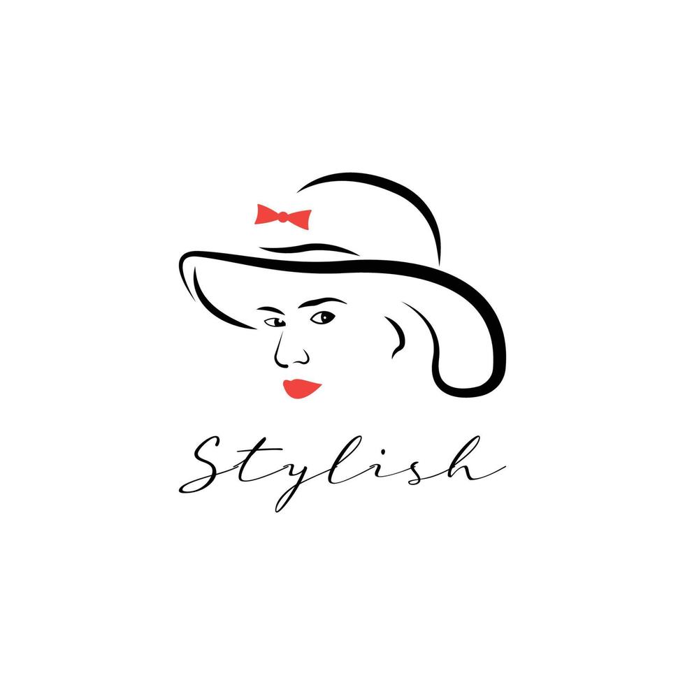 bela silhueta contorno cabeça feminina no chapéu. elegante logotipo da menina com lábios vermelhos. ícone da moda vetor
