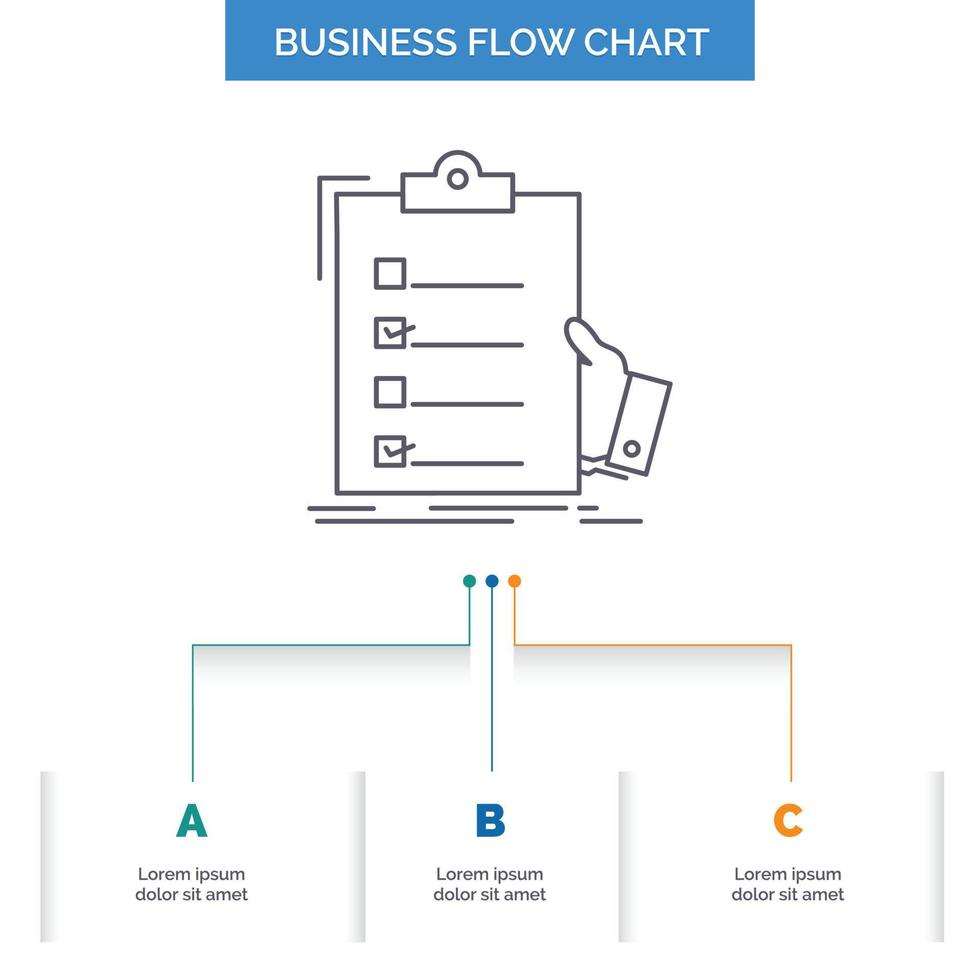 lista de controle. Verifica. perícia. Lista. design de fluxograma de negócios da área de transferência com 3 etapas. ícone de linha para lugar de modelo de plano de fundo de apresentação para texto vetor