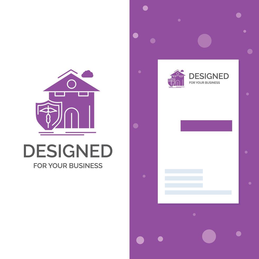 logotipo da empresa para seguros. casa. lar. acidente. proteção. modelo de cartão de .visiting de negócios roxo vertical. ilustração vetorial de fundo criativo vetor