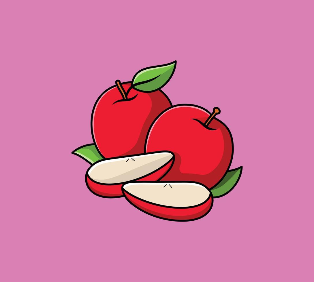 maçã vermelha com folha verde e pedaços de meia maçã vector design de logotipo, fatias de frutas e pedaços em estilo cartoon.