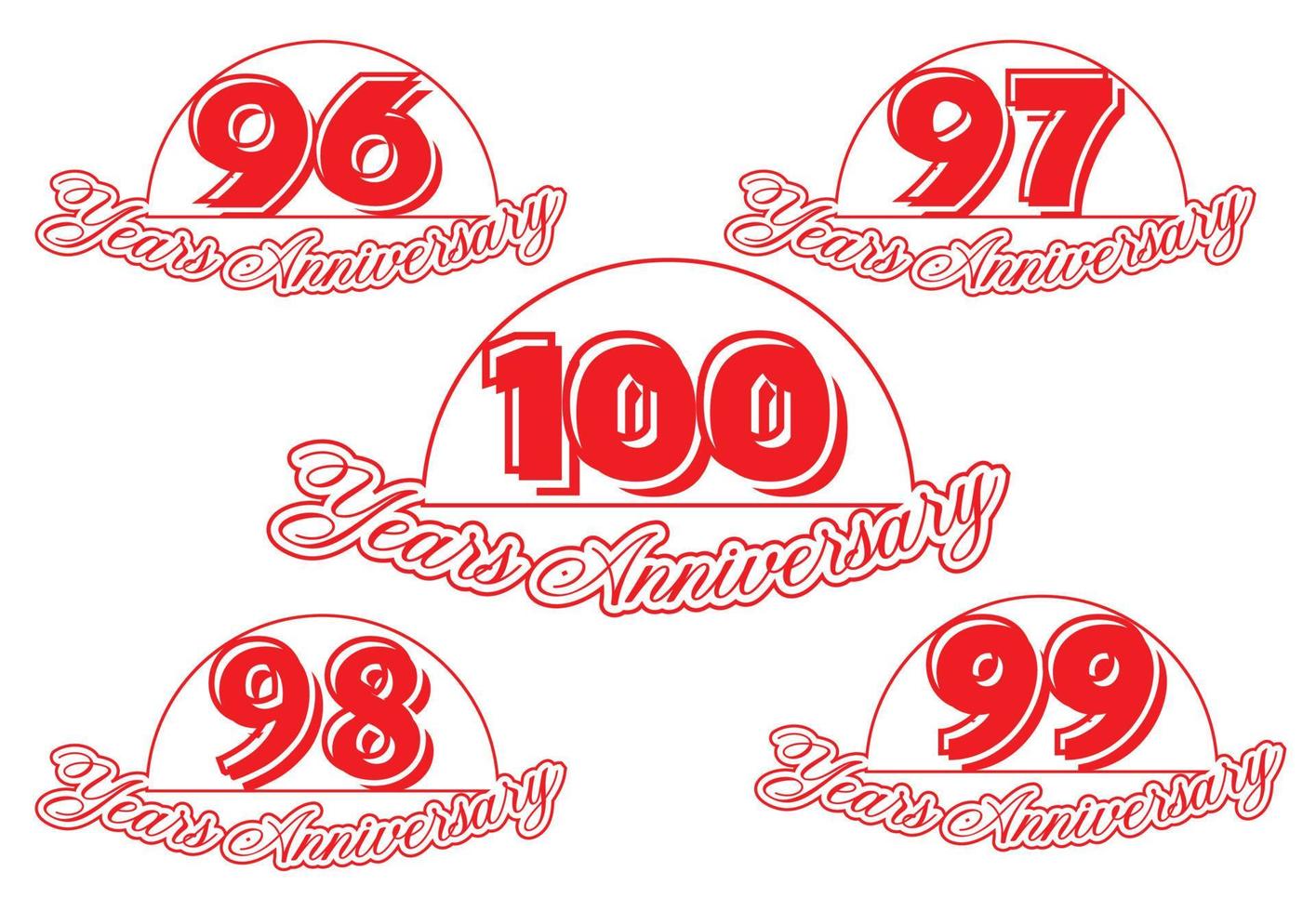 logotipo de aniversário de 96 a 100 anos e design de adesivo vetor