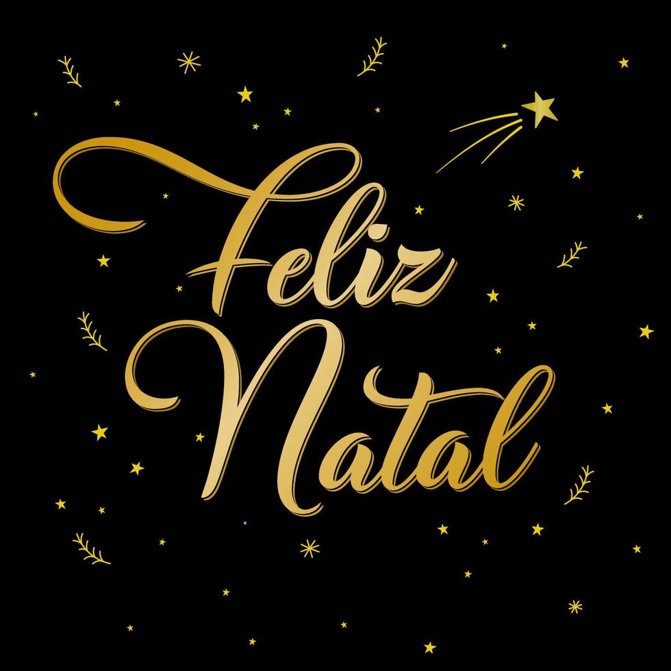 ouro feliz natal em português brasileiro e fundo preto com estrela cadente. tradução - feliz natal. vetor