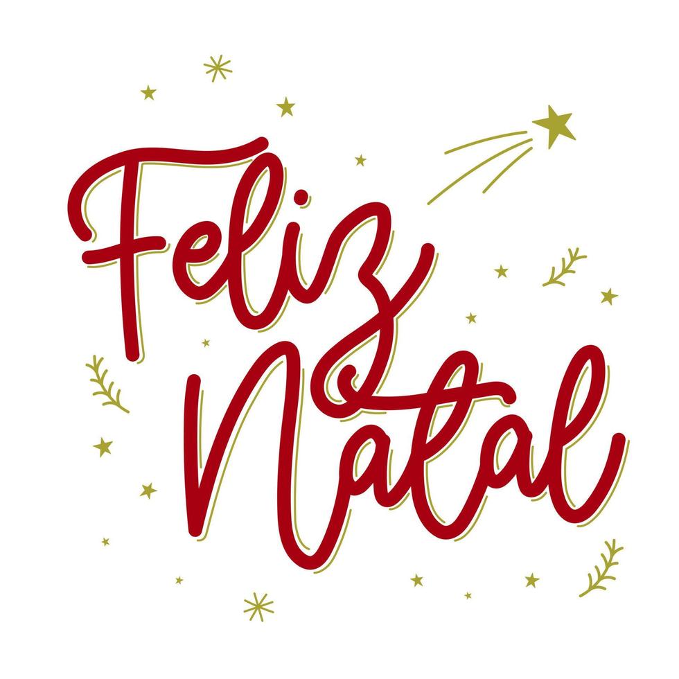 letras vermelhas feliz natal em português brasileiro com detalhes verdes com estrela cadente. tradução - feliz natal. vetor