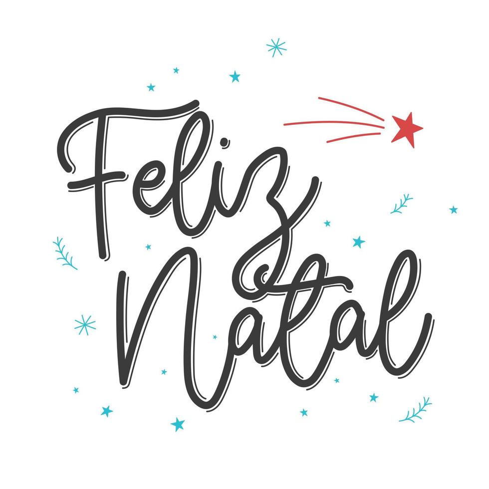letras vermelhas feliz natal em português brasileiro com detalhes em azul e vermelho com estrela cadente. tradução - feliz natal. vetor