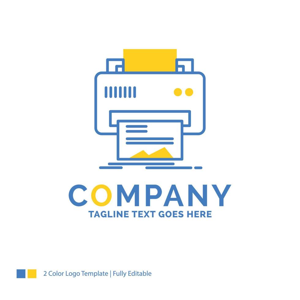 digital. impressora. impressão. hardware. modelo de logotipo de negócios amarelo azul de papel. lugar de modelo de design criativo para slogan. vetor