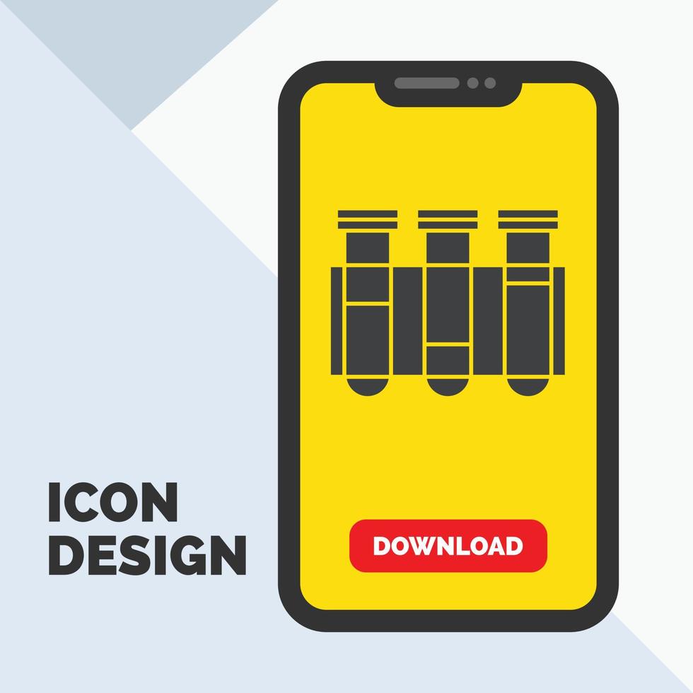 teste. tubo. Ciência. laboratório. ícone de glifo de sangue no celular para página de download. fundo amarelo vetor