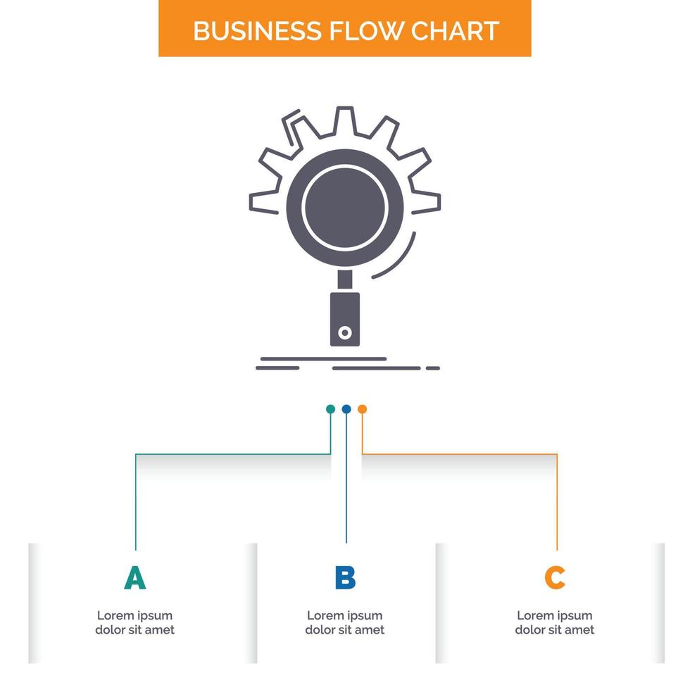 seo. procurar. otimização. processo. definindo o design do fluxograma de negócios com 3 etapas. ícone de glifo para lugar de modelo de plano de fundo de apresentação para texto. vetor