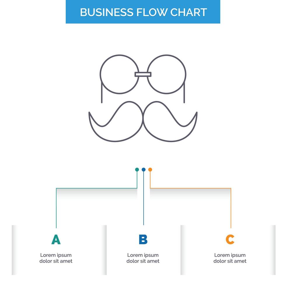 bigode. hipster. moveleiro. óculos. design de fluxograma de negócios de homens com 3 etapas. ícone de linha para modelo de plano de fundo de apresentação lugar para texto vetor