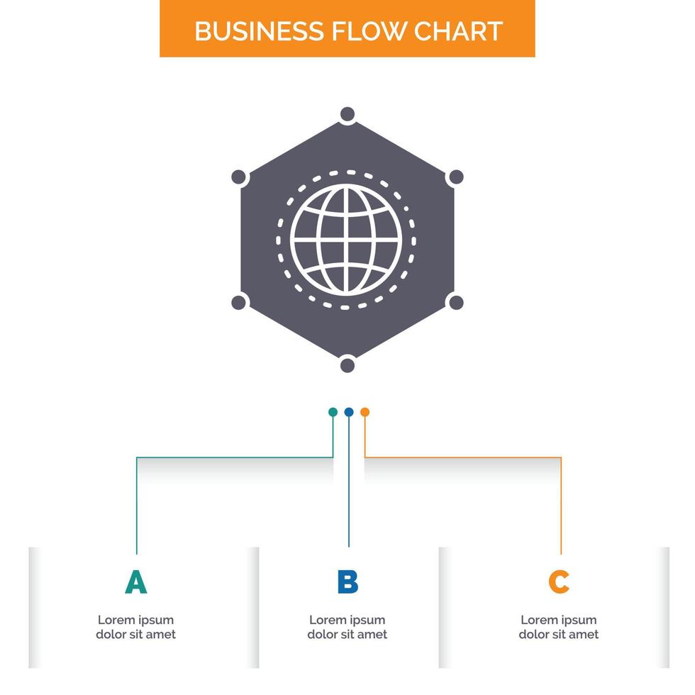 rede. global. dados. conexão. design de fluxograma de negócios de negócios com 3 etapas. ícone de glifo para lugar de modelo de plano de fundo de apresentação para texto. vetor