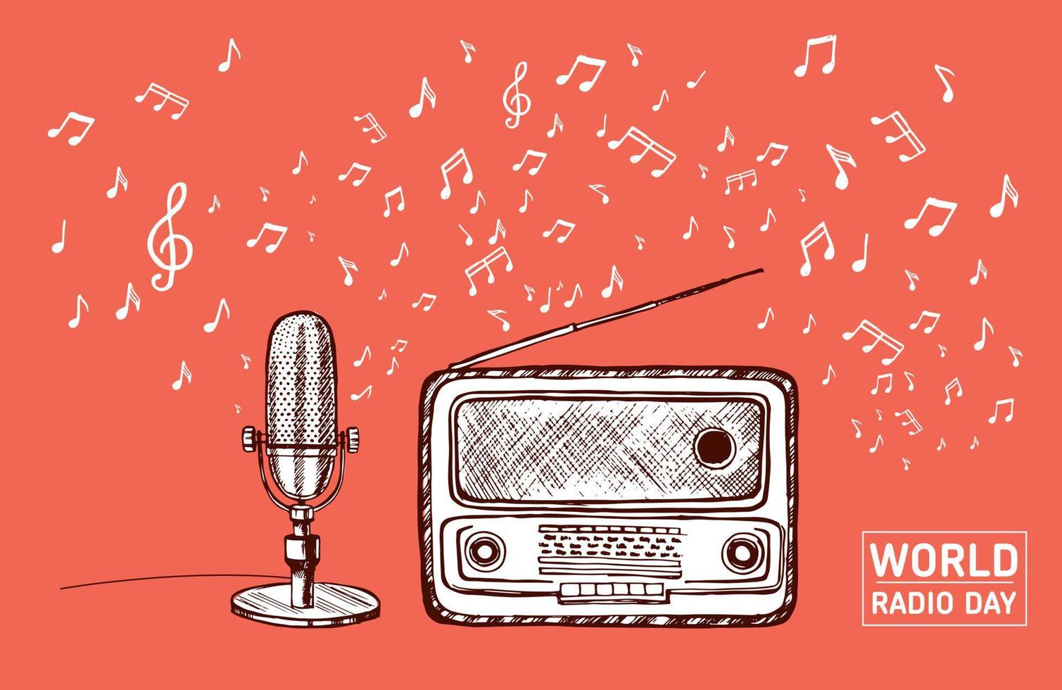 dia mundial do rádio. esboço de microfone retrô. ilustração desenhada à mão. vetor. vetor