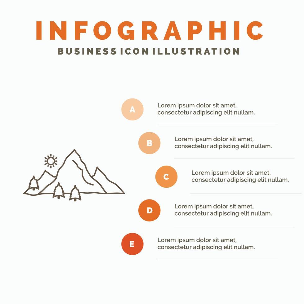 montanha. paisagem. colina. natureza. modelo de infográficos de árvore para site e apresentação. ícone de linha cinza com ilustração vetorial de estilo infográfico laranja vetor