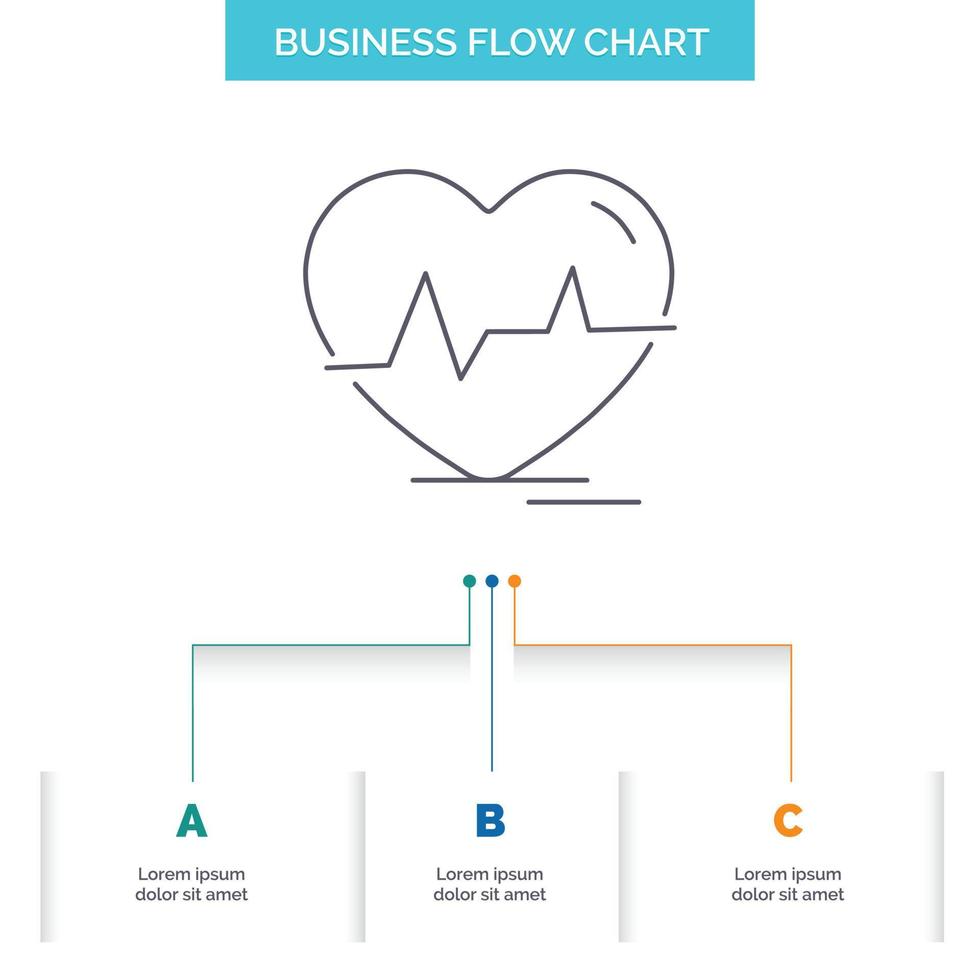 ex. coração. batimento cardiaco. pulso. vença o design do fluxograma de negócios com 3 etapas. ícone de linha para modelo de plano de fundo de apresentação lugar para texto vetor