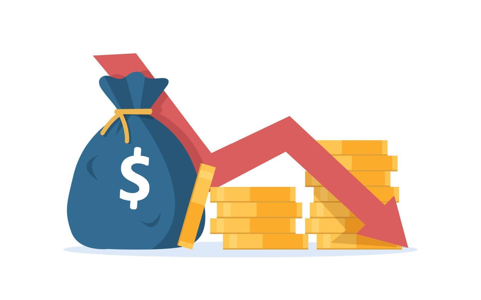 dinheiro de desenho animado plano com gráfico de ações de seta para baixo, despesas de investimento, redução de economia ruim, perda de dinheiro vetor