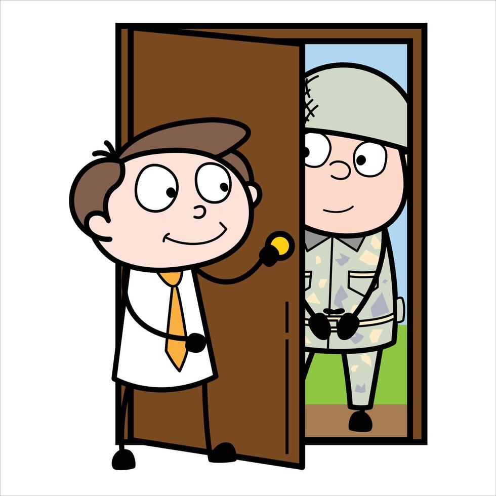 ativo de um personagem de desenho animado jovem empresário sendo visitado por um soldado vetor