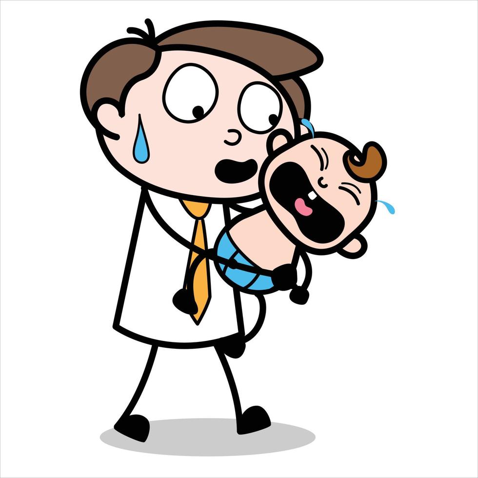 ativo de um personagem de desenho animado jovem empresário segurando um bebê chorando vetor