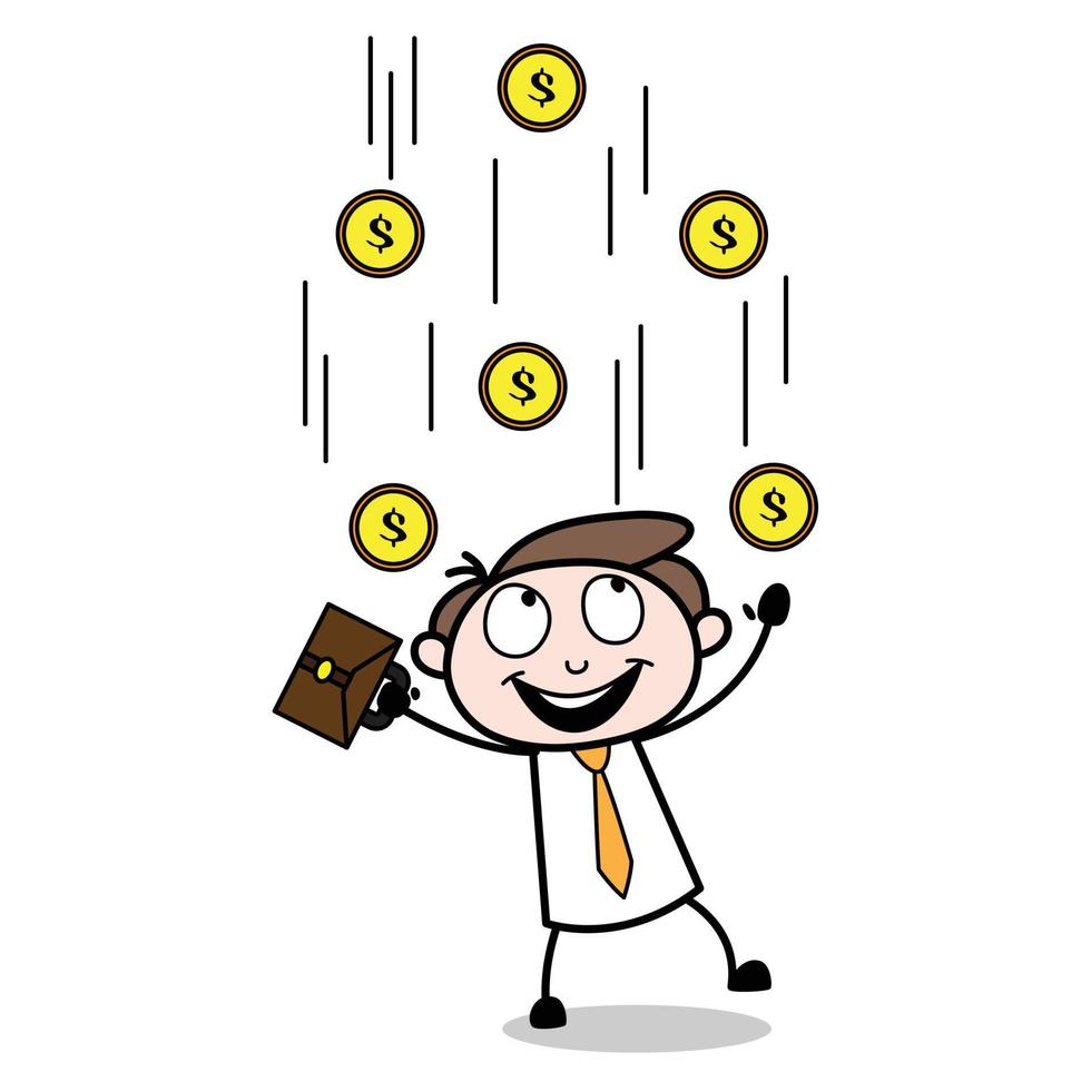 ativo de um personagem de desenho animado jovem empresário feliz sendo regado com moedas vetor
