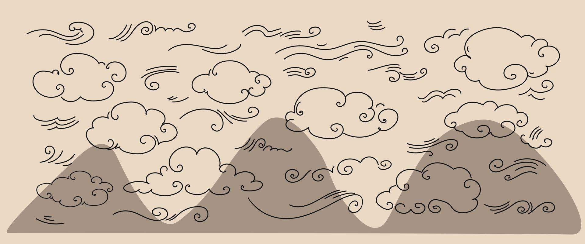 conjunto de rabiscos vetoriais de vento doodle, clima, meio ambiente vetor