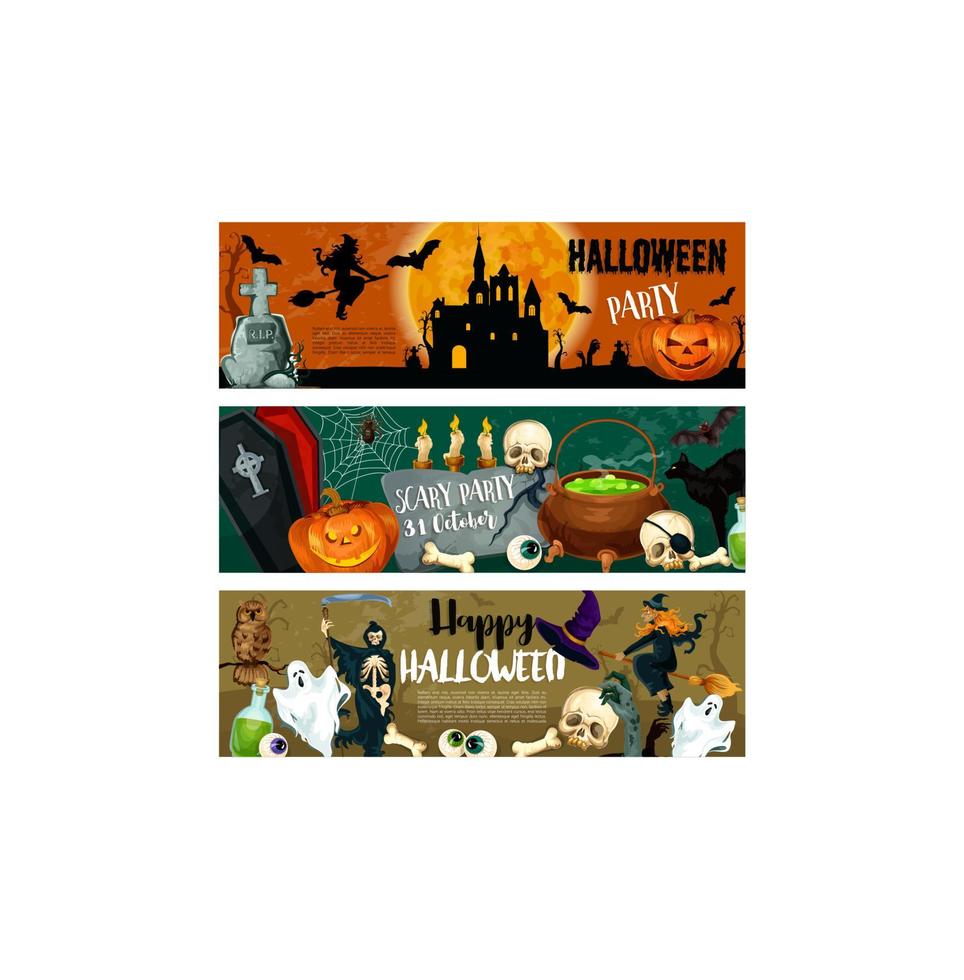 banners de festa noturna de monstro de vetor de halloween