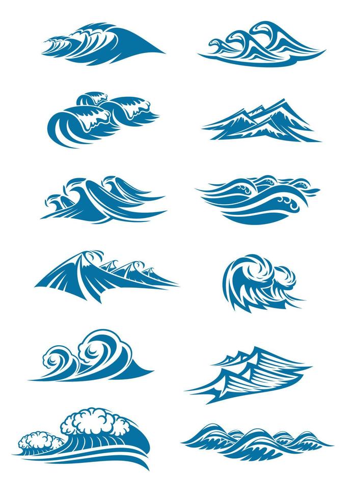 ícones de ondas vetoriais de ondas de água oceânicas respingo azul vetor