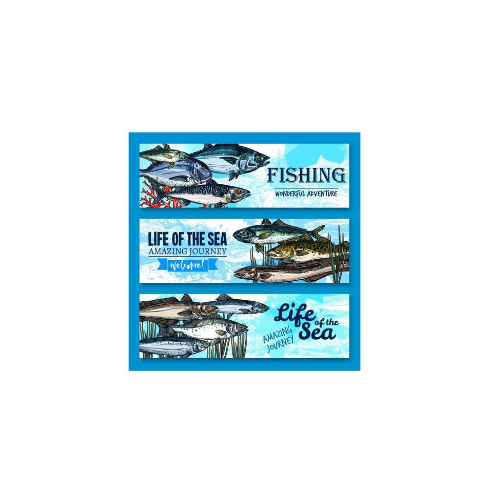 banners de peixes vetoriais para aventura de pesca marítima vetor