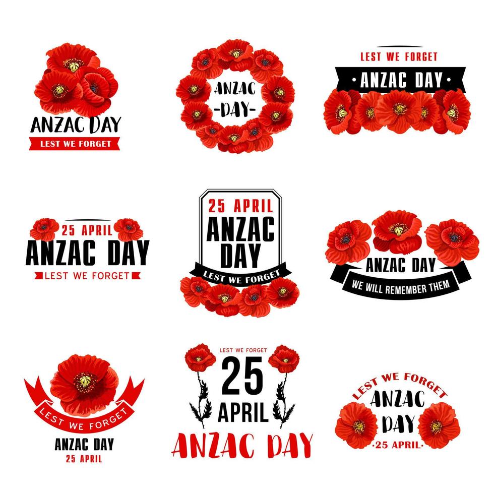 anzac dia 25 de abril ícones de vetor de papoula vermelha