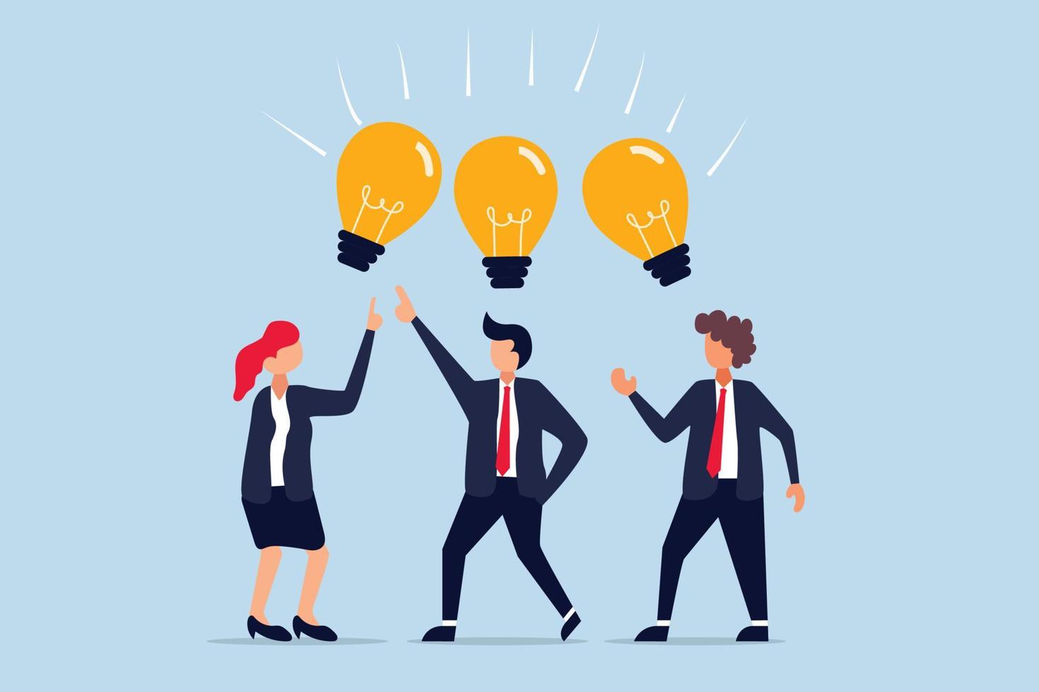 compartilhamento de idéias de negócios, pensamento inteligente empresários pessoas trabalhadores de escritório equipe compartilhar lâmpada lâmpada idéia. vetor