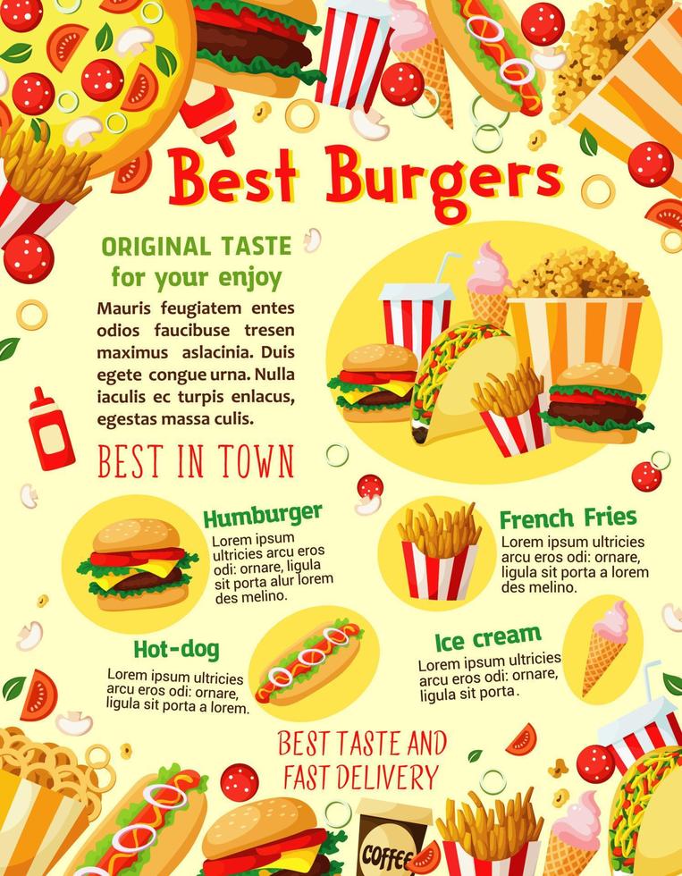 cartaz de menu de entrega de vetor de hambúrgueres de fast food