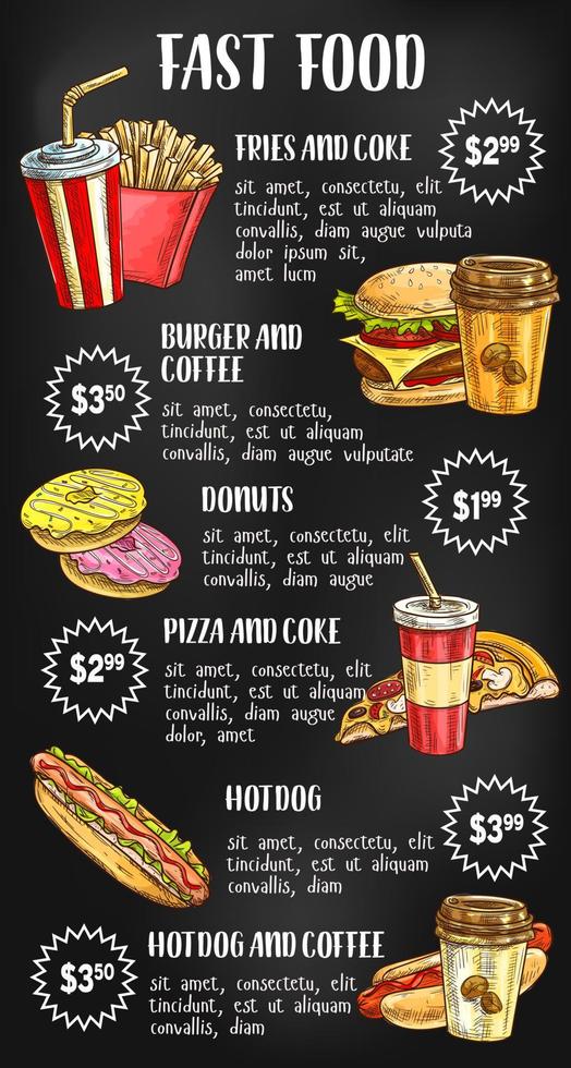 menu de fast food no design de quadro-negro vetor