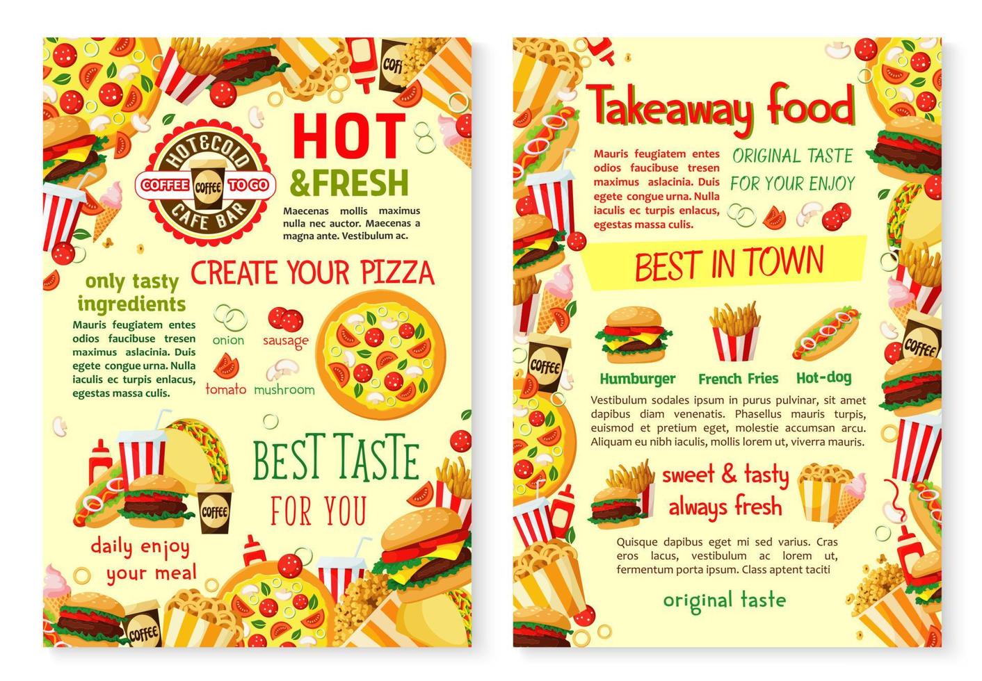 cartaz de menu de takeaway de hambúrguer de pizza de fast food vetor