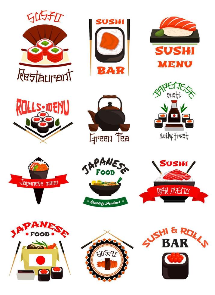 emblema de comida japonesa com sushi, arroz de frutos do mar vetor