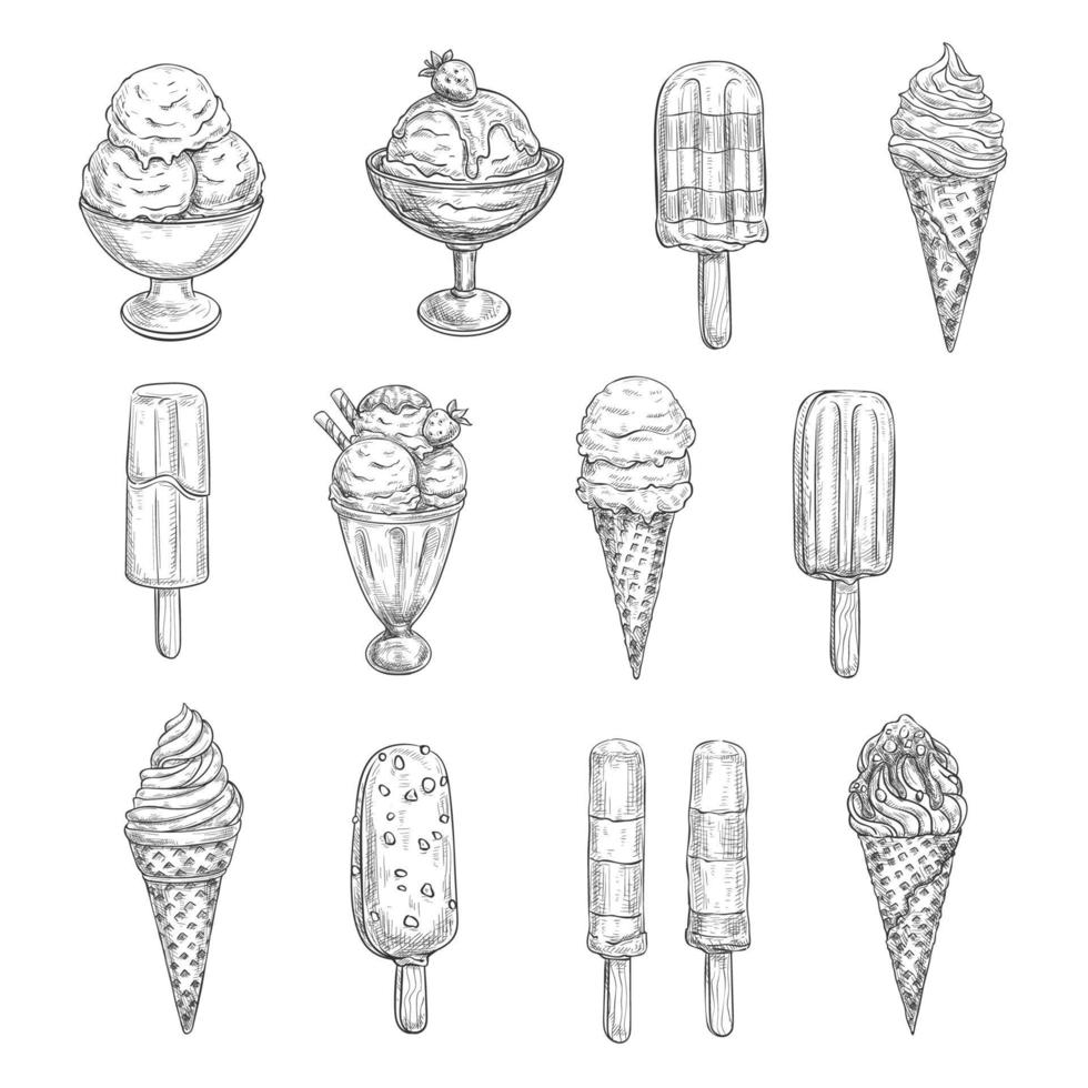 ícones de esboço de vetor de sorvete de sobremesas frescas